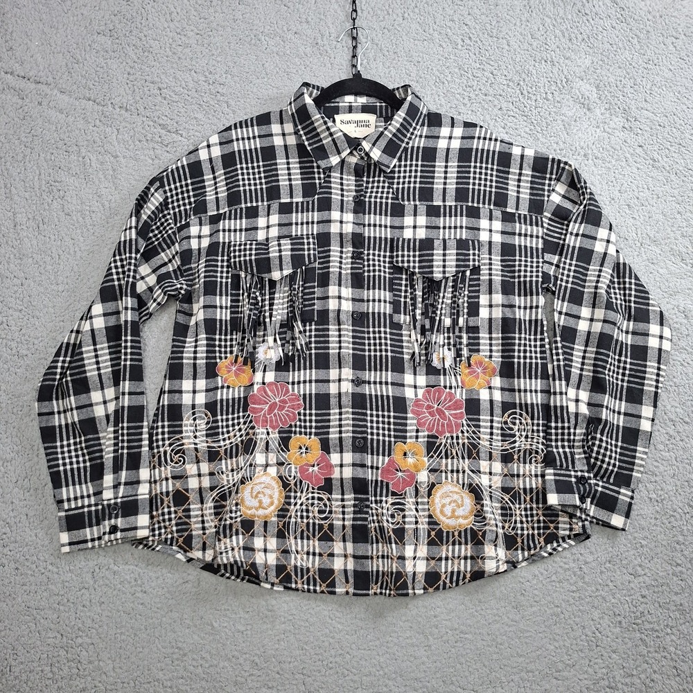 Savanna Jane Top L Plaid Floral embroidery Festival boho Fringe Button Up Blouse